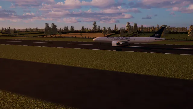 A 777 taxiing past the countryside.