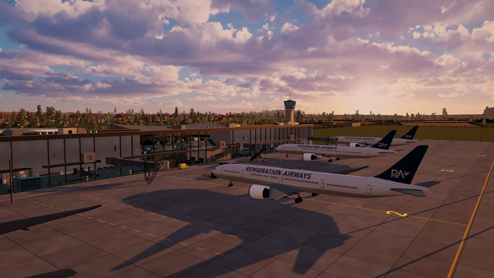 The apron and the fleet at dusk.