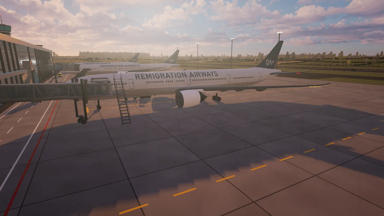 A Remigration Airways 777 at the terminal with a jet bridge and steps docked, two more aircraft behind.