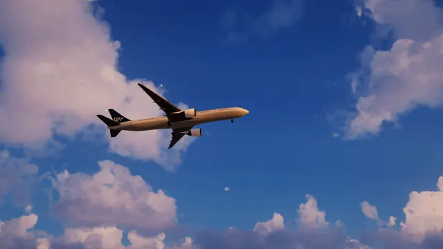 A Remigration Airways 777 climbing out against a blue sky.