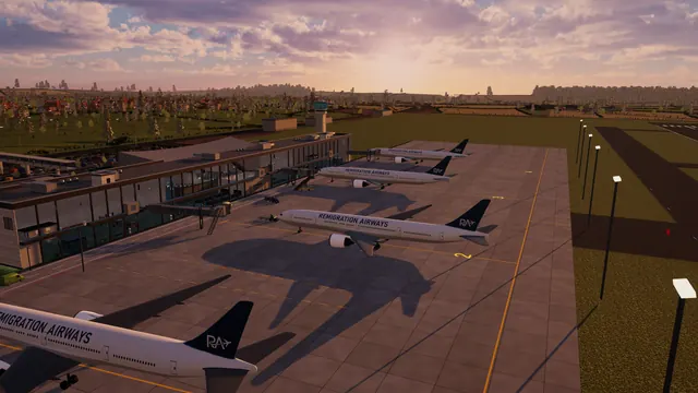 Four Remigration Airways 777s on a concrete apron beside a long glass terminal, a town and fields beyond.