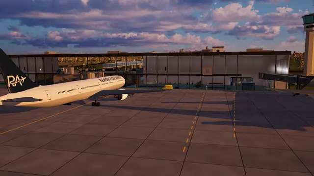 A 777 on the apron in front of the terminal's two-storey glass front, the control tower to the right.